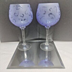 2 Clear Water Vintage Etched Glass Blue Wine 8.5"Glasses 16 Ounces